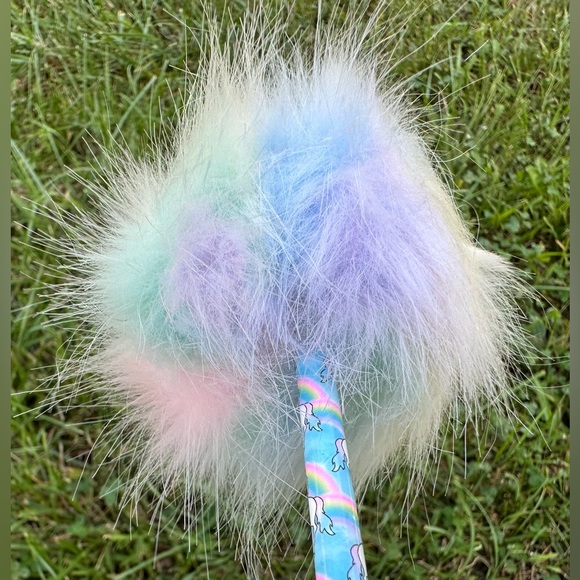 Justice Girls Tie Dye Unicorn Rainbow Pom Pom Fluffy Blue Pen with Tip Cover - Picture 6 of 16